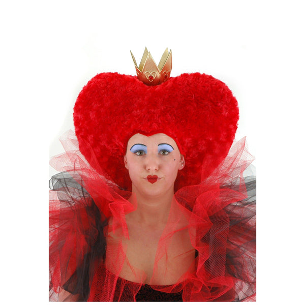 Front view of a woman wearing the Queen Of Hearts Wig.