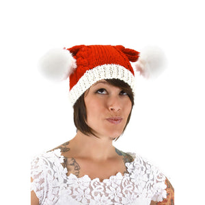 Front view of a woman wearing Santa Knit Hat.