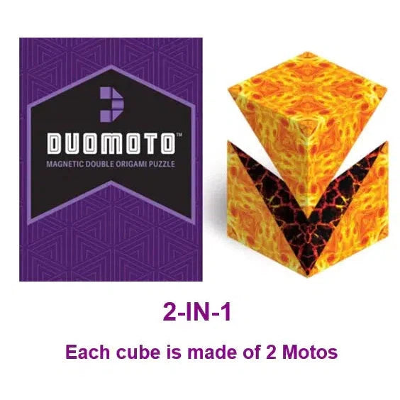 Front view of the Duomoto Magnetic Double Origami Puzzle showing the side of the package and the Duomoto out of package and pulled apart to show both Motos.