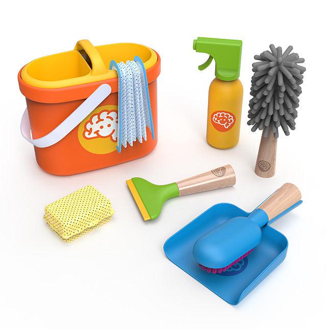 Front view of the Pretendables Cleaning Set contents including: duster, spray bottle, squeegee, brush, dustpan, sponge, bucket, cleaning cloth, and storage caddy.