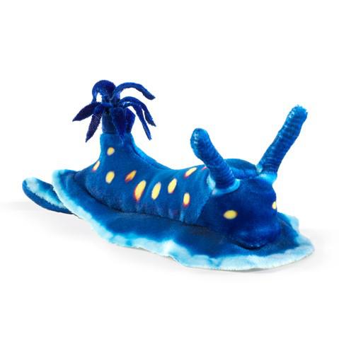 Front view of the Mini Nudibranch-Blue-Finger Puppet with eyes showing.