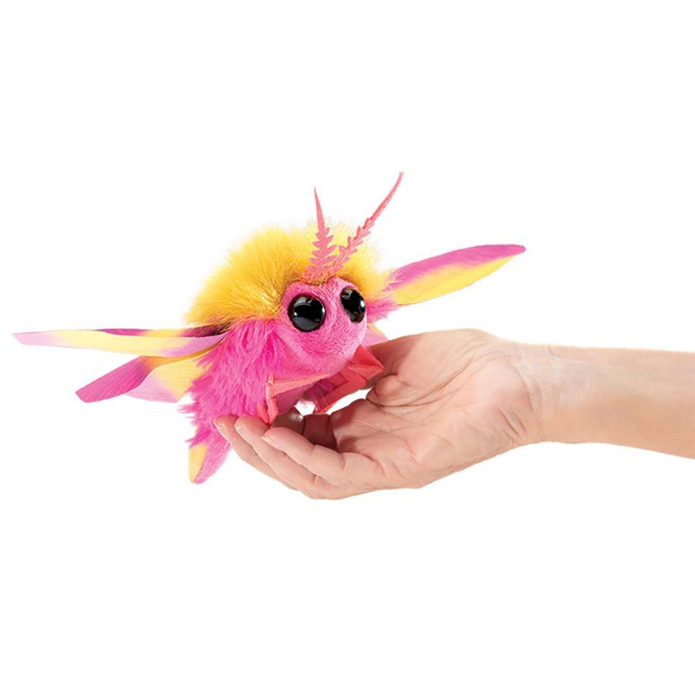 Front view of a person&#39;s hand holding the Mini Moth Rosy Maple-Finger Puppet.