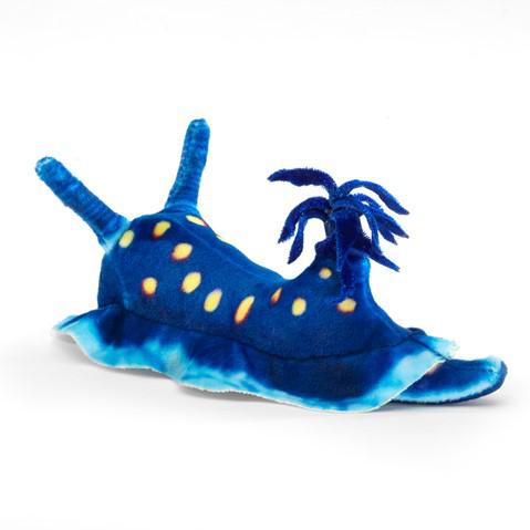Front view of the Mini Nudibranch-Blue-Finger Puppet with eyes showing.