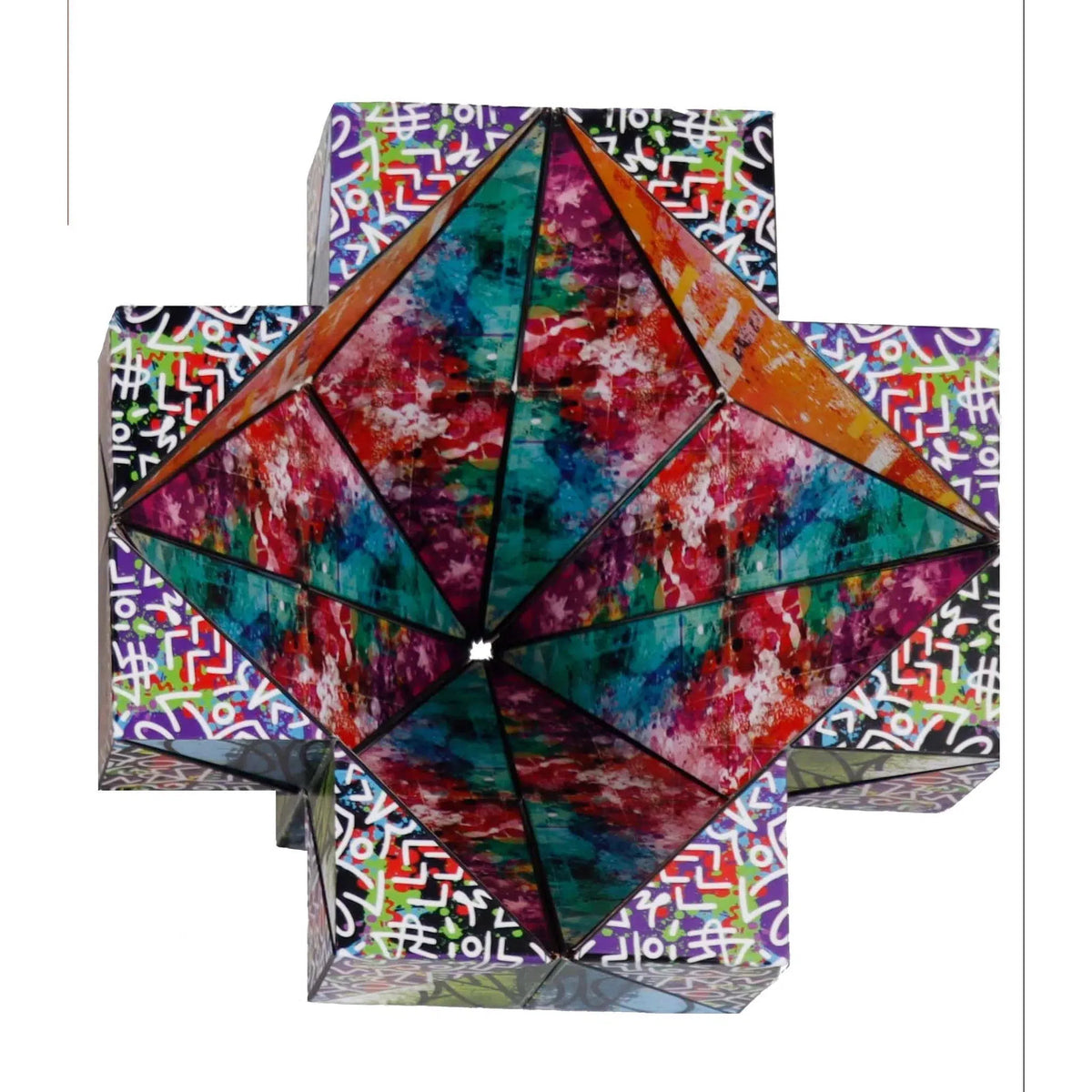 Front view of CUBENDI-Geometric Origami Puzzle-Scribble out of box and unfolded to show different patterns.