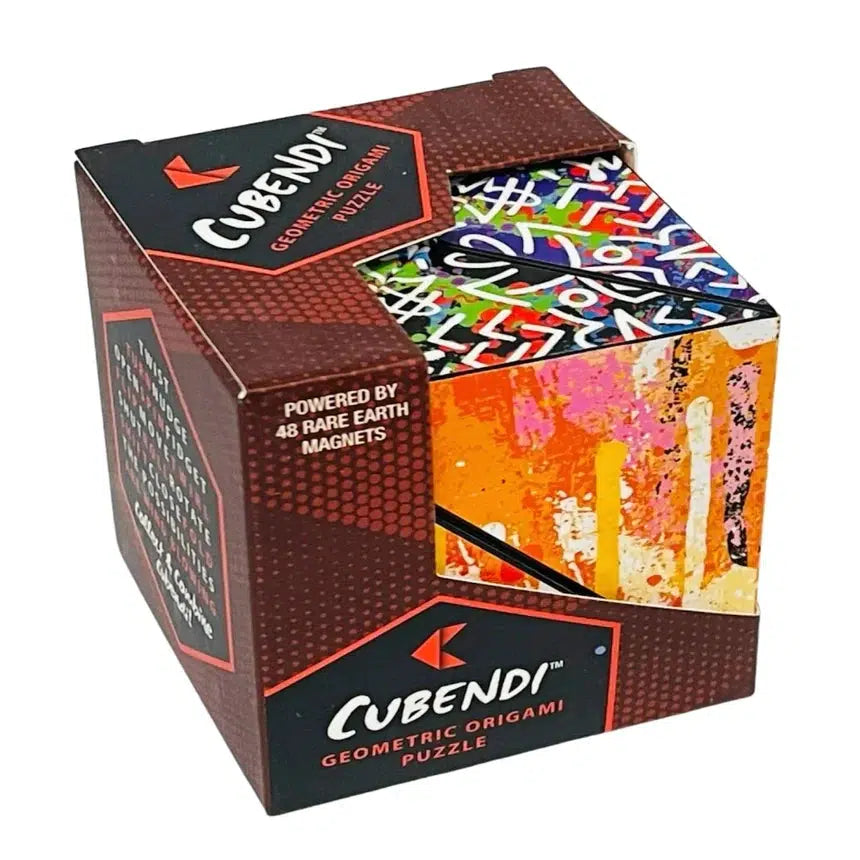 Front view of CUBENDI-Geometric Origami Puzzle-Scribble in its box.