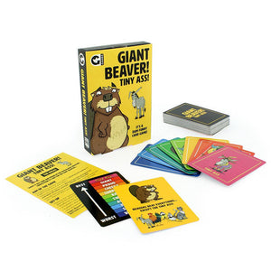 Front view of the Giant Beaver! Tiny Ass!  game box and its contents including cards, directions and scoring.