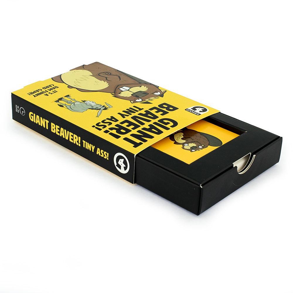 Front view of the Giant Beaver! Tiny Ass! game in its box.