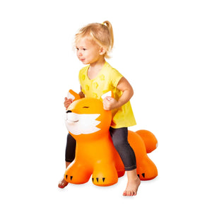 Front view Animal Jump Alongs-Fox with a young girl sitting on it.