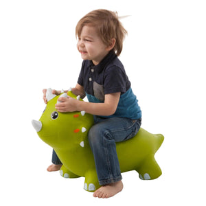 Front view of the Animal Jump Alongs: Triceratops with a young boy sitting on it.