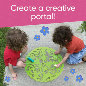Front view of a poster showing two young children on a sidewalk using the Mandala Chalkscapes Butterfly Stencil.