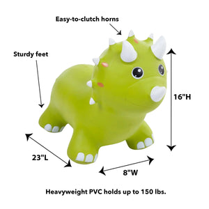 Front view of the poster showing the measurements and weight limits for the Animal Jump Alongs: Triceratops.