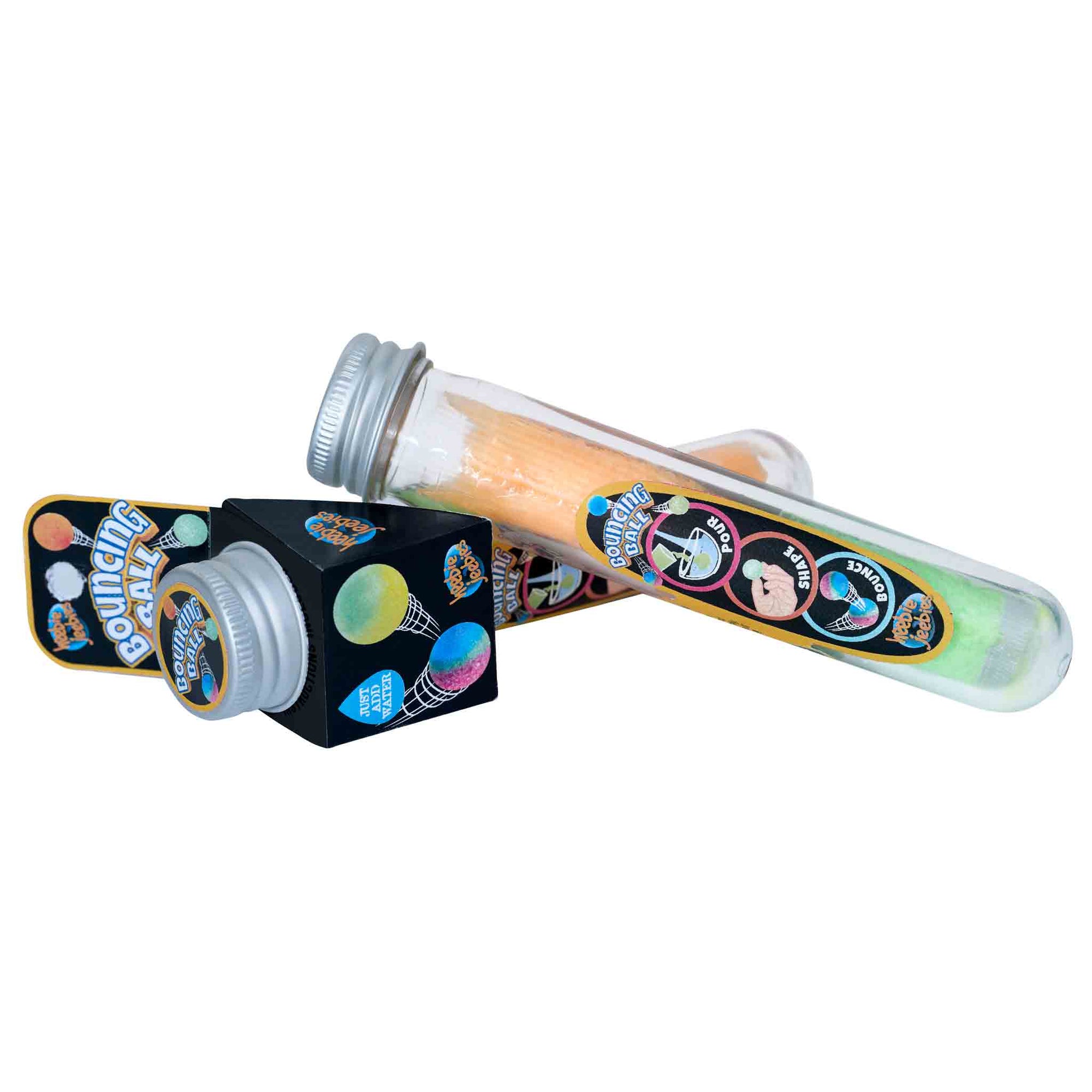 Front view of the Test Tube-Bouncy Ball in its packaging showing all three sides: front, back, and side with information on it.