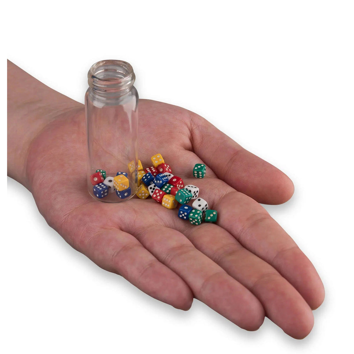 Front view of a person&#39;s hand holding and almost empty Pirate Dice Bottle-Game with the dice in their hand.