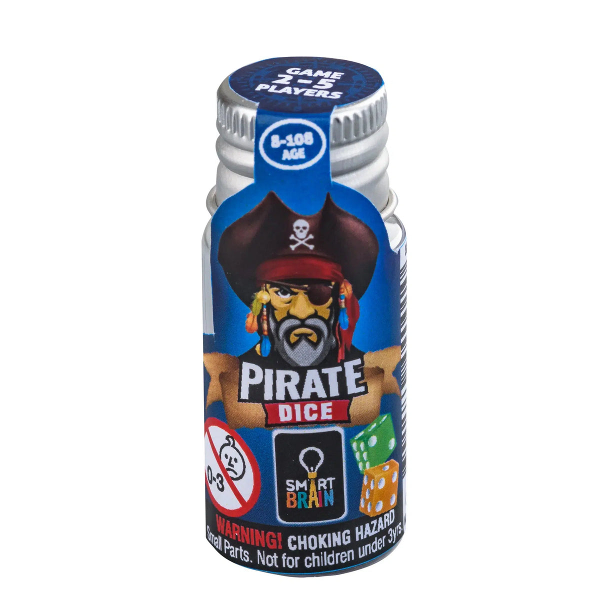Front view of the blue Pirate Dice Bottle-Game.