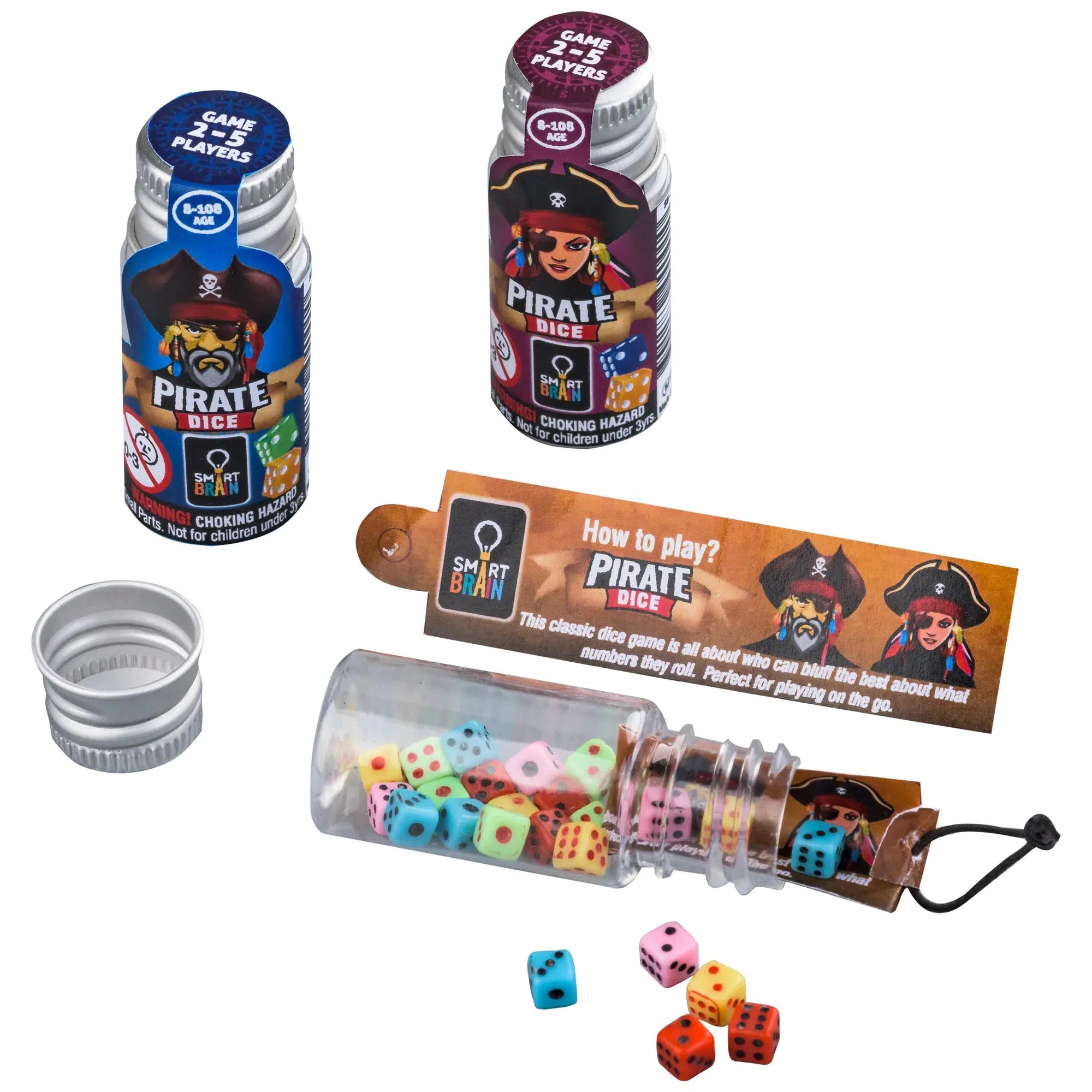 Front view of the red and blue Pirate Dice Bottle Game with one bottle laying on its side and open showing dice and instructions.