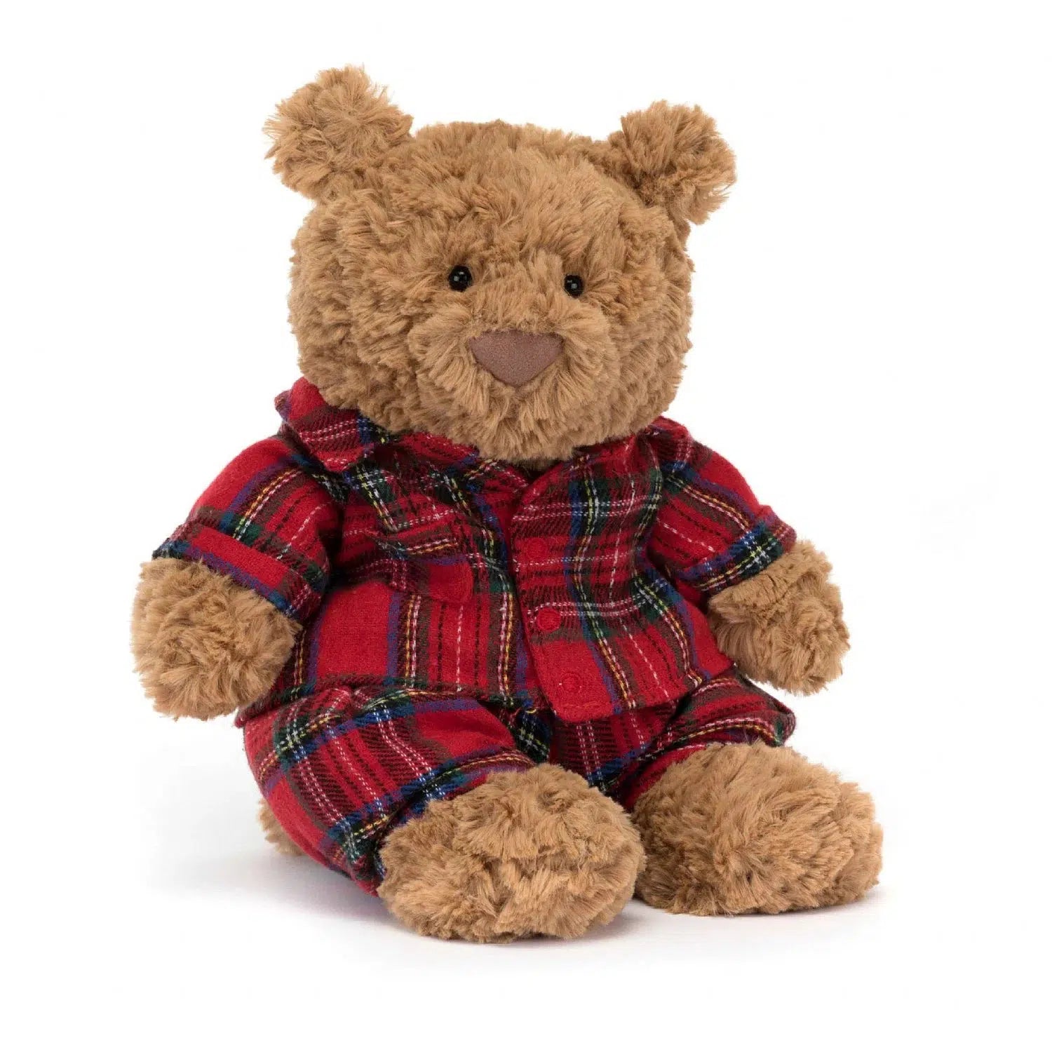 Front view of Bartholomew Bear Bedtime-Medium 10-Inch sitting with red plaid pjs on.