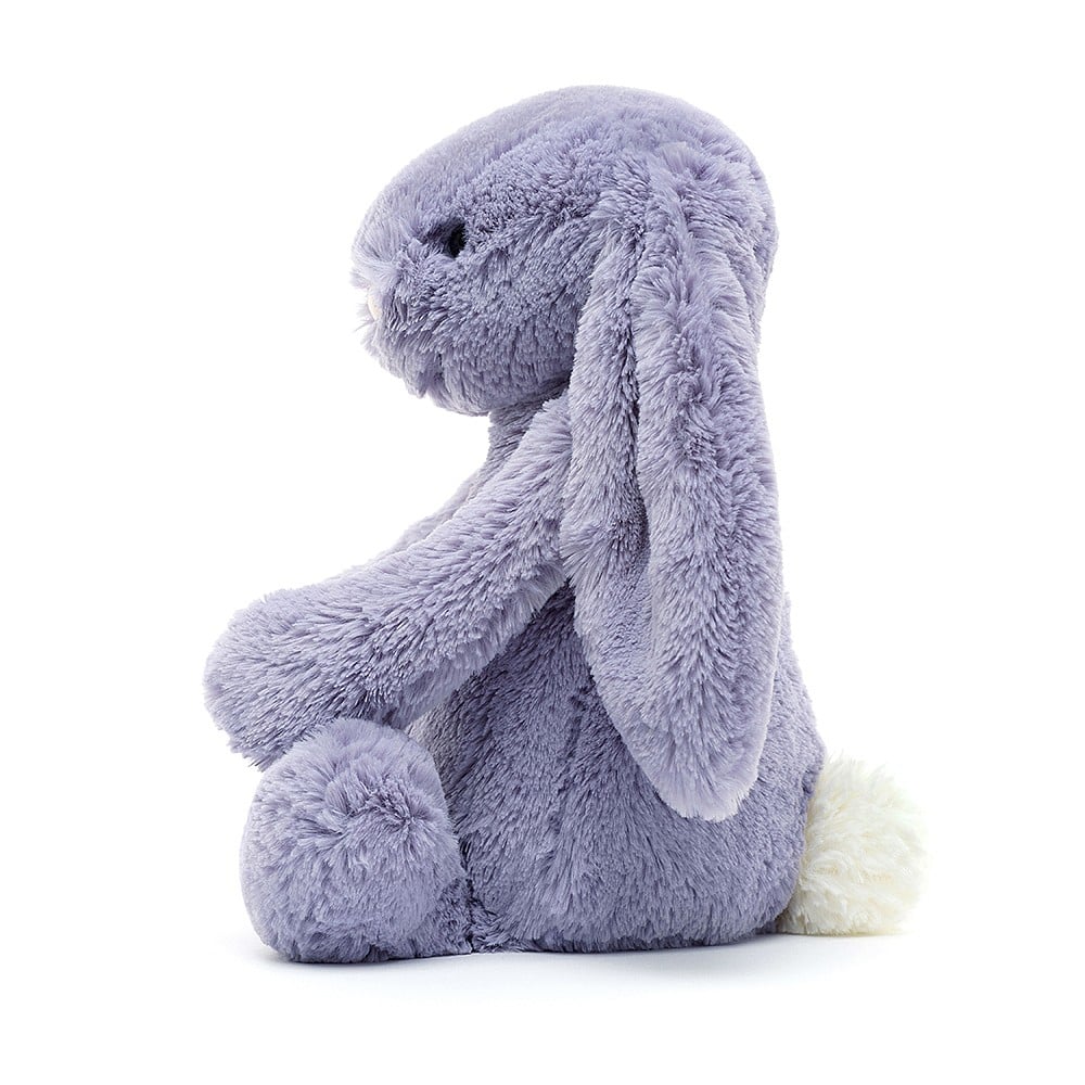Front left side view of the Bashful Viola Bunny-Medium 12&quot; sitting.