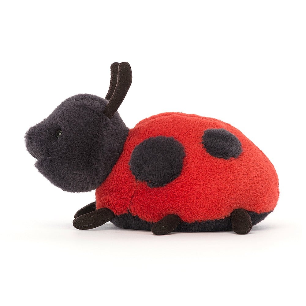 Front left side view of the Jellycat Lala Ladybird 6&quot;.
