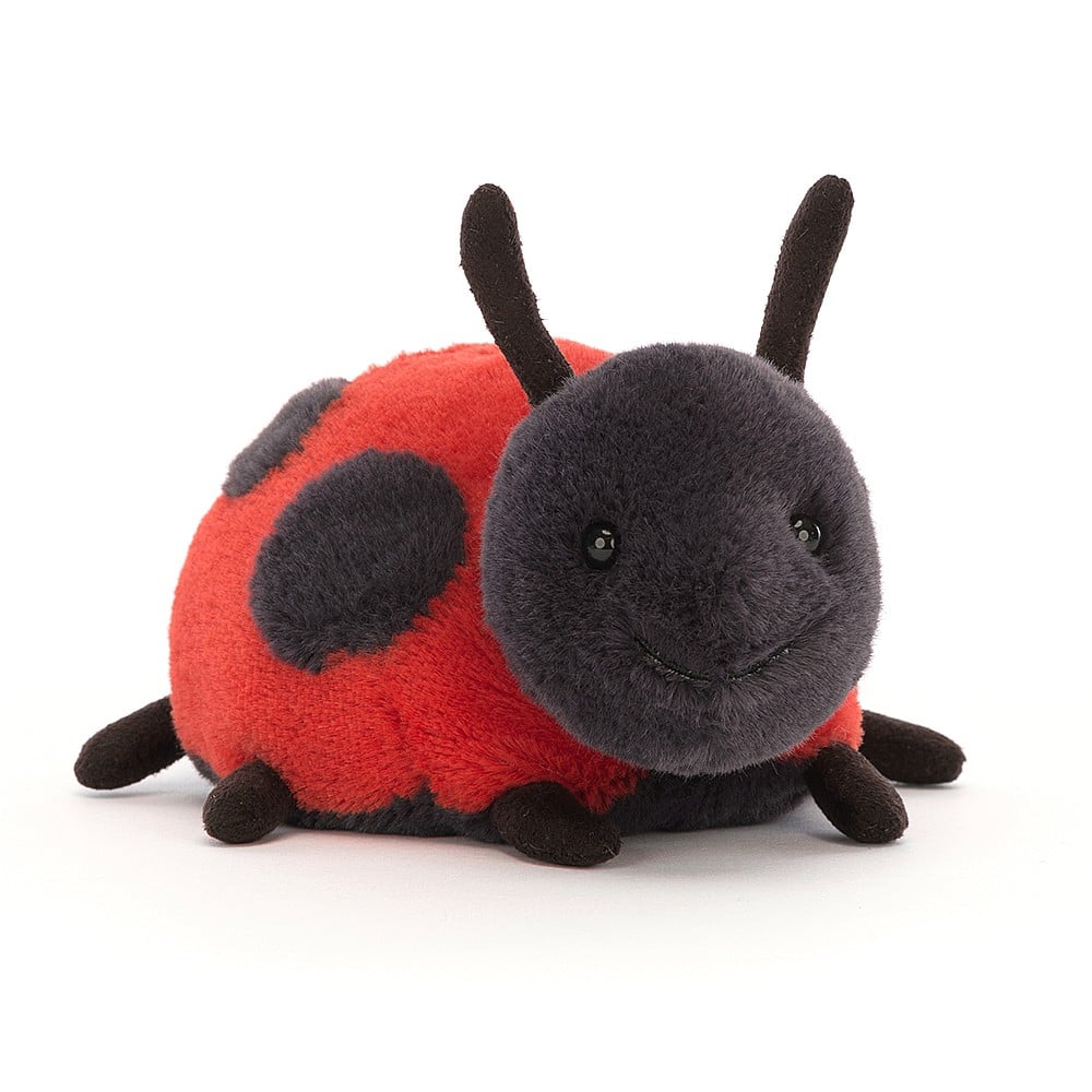 Front slight side view of the Jellycat Lala Ladybird 6&quot;.