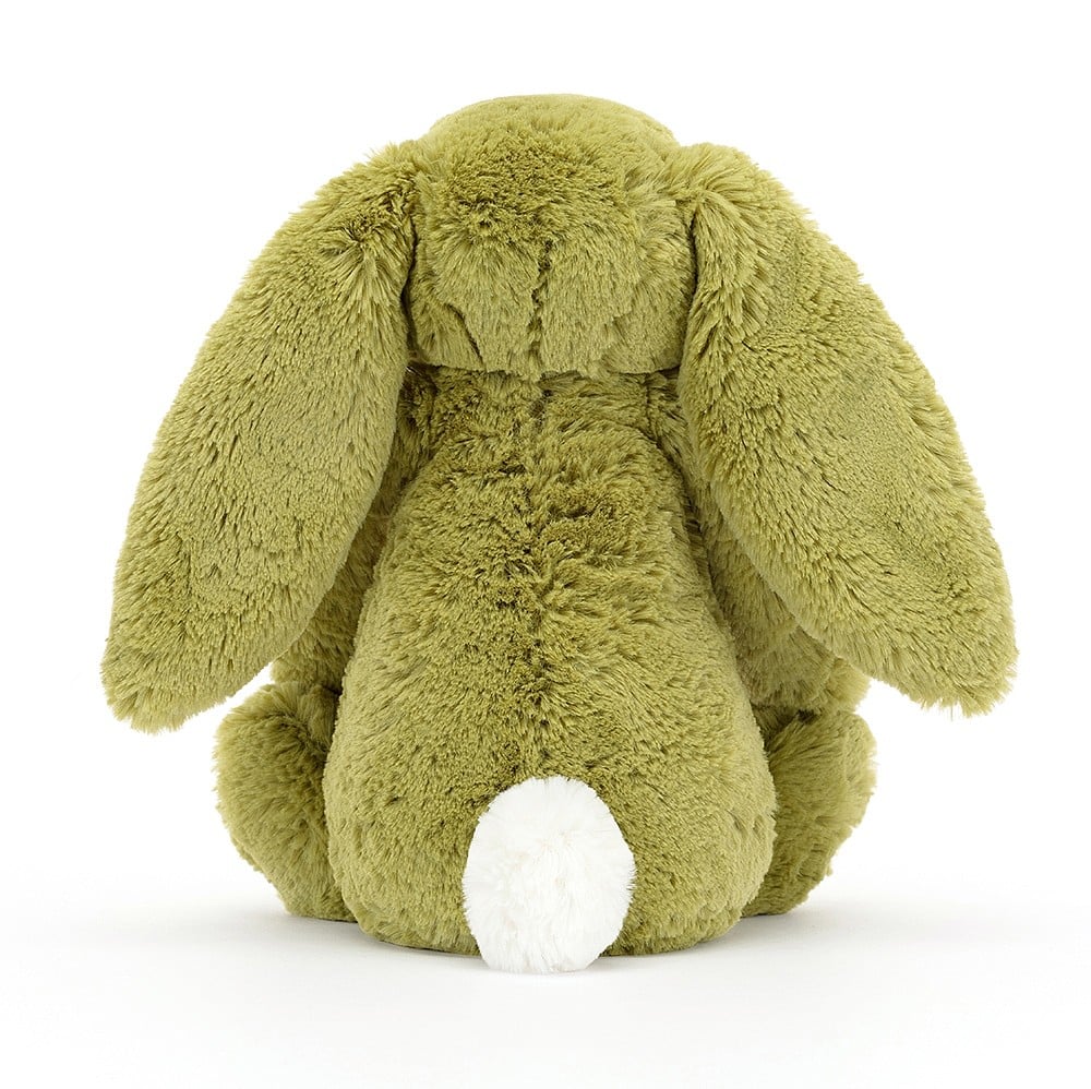 Rear view of Bashful Moss Bunny Original-Medium 12&quot; sitting and showing the white tail.