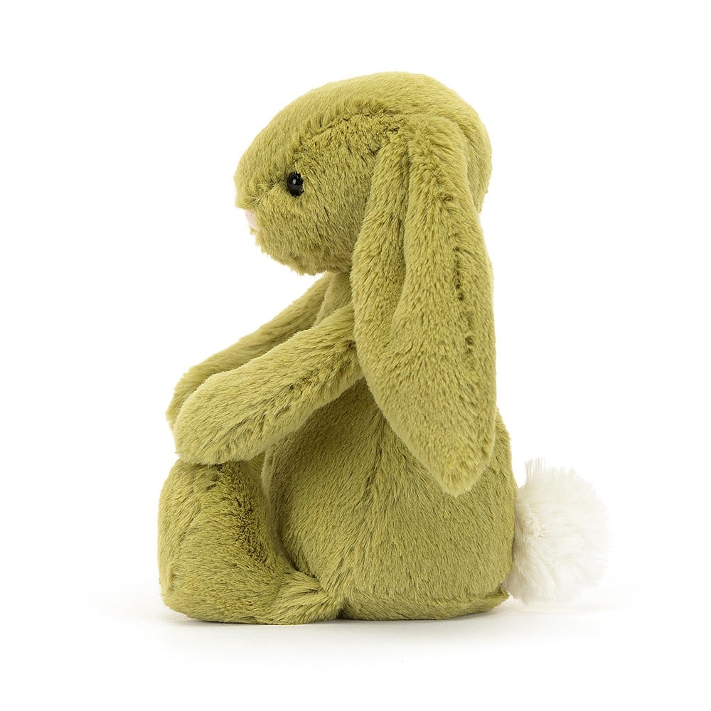 Front left side view of Bashful Moss Bunny-Small 7&quot; sitting.
