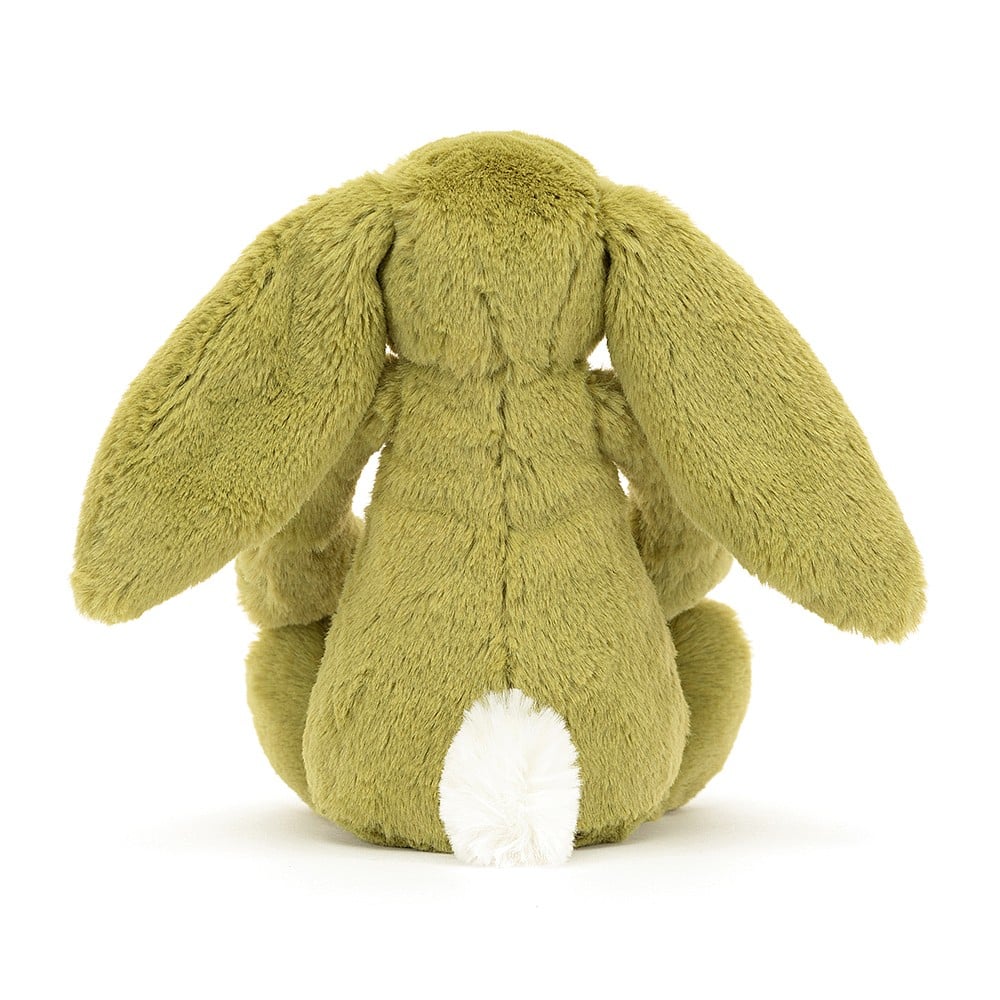 Rear view of Bashful Moss Bunny-Small 7&quot; sitting and showing white tail.