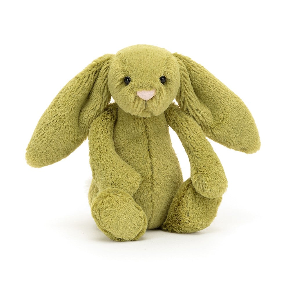 Front slight side view of Bashful Moss Bunny-Small 7&quot; sitting.