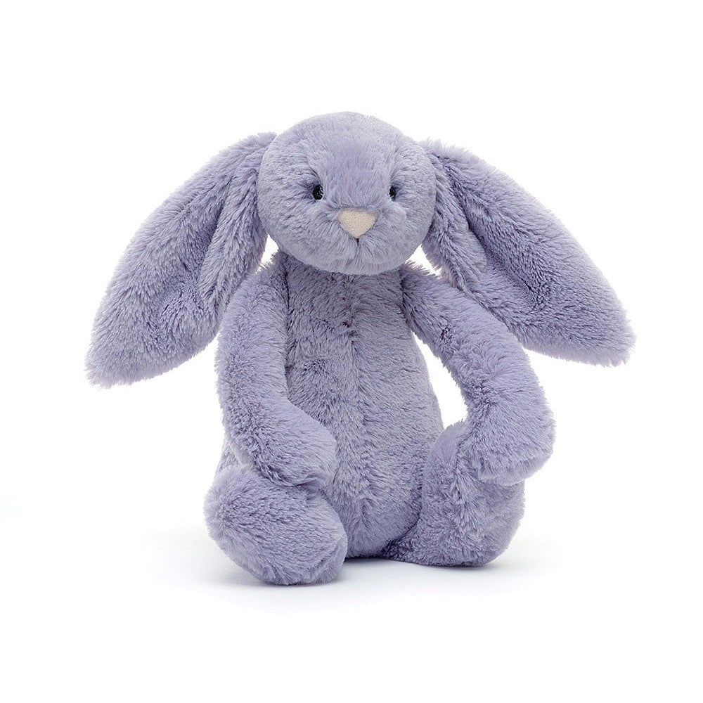 Front slight side view of Bashful Viola Bunny-Small 7&quot; sitting.