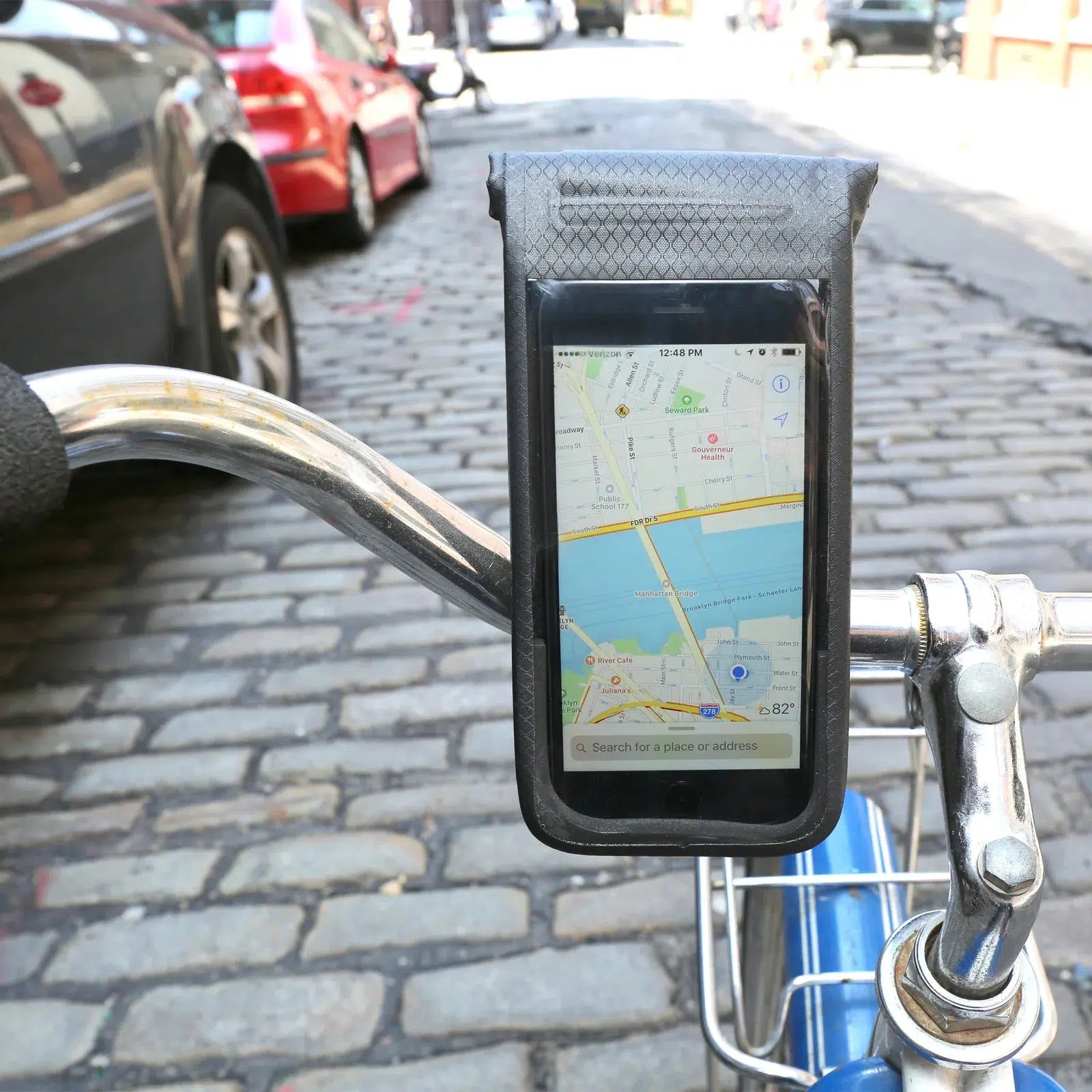Front view of the All Weather Phone Mount on a bike.