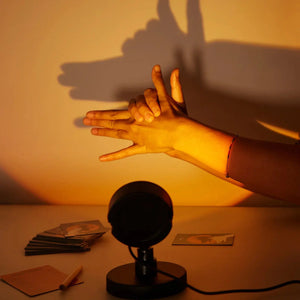 Front view of the Shadow Game being played showing the projector, a person's hands making the shadow, cards, pencil, and score card.