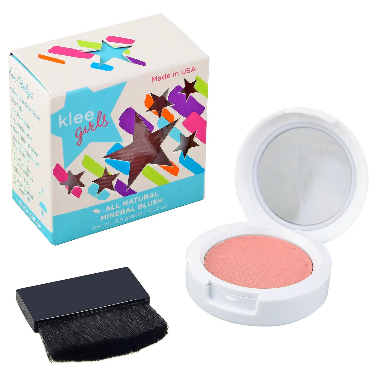 Front view of All Natural Blush-Carmel Shine in its package with compact and brush outside of package.