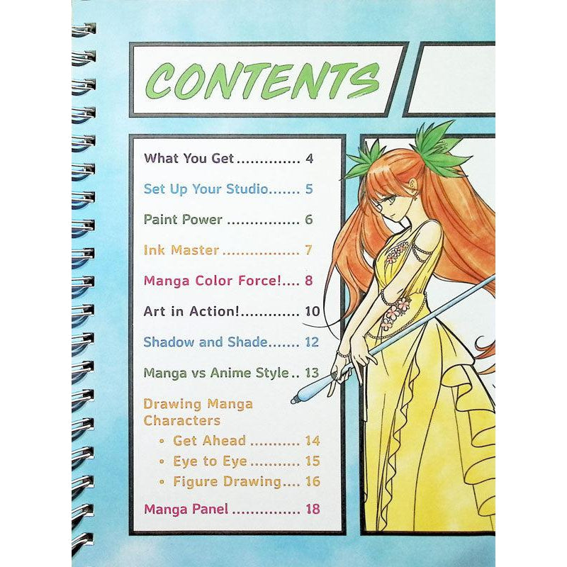 Front view of an inside page from the Manga Art Class Ink &amp; Paint The Anime Way showing the contents of the book.