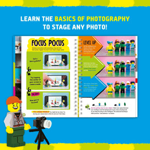 Front view of a poster showing inside pages from the LEGO Minifigure Photography kit.