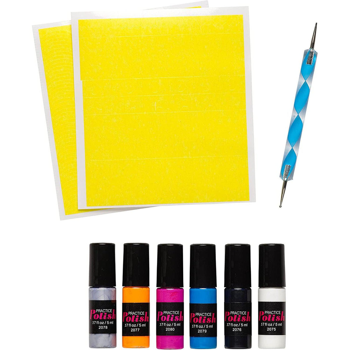 Front view of contents of Nail Style Studio-Book &amp; Activity Kit showing nail polish and  custom design tool.