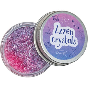 Front view of the zzzen crystals created from the DIY Sweet Dreams kit and placed in the decorated tin that is included.