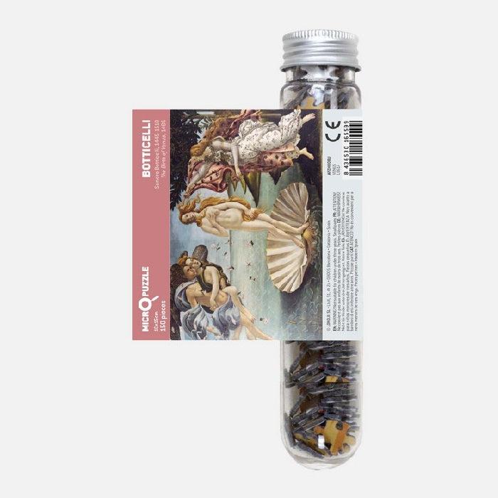 Front view of the Classic Art-Micropuzzle-The Birth Of Venus-150 Piece in its test tube package with sticker label pulled out to show entire painting.
