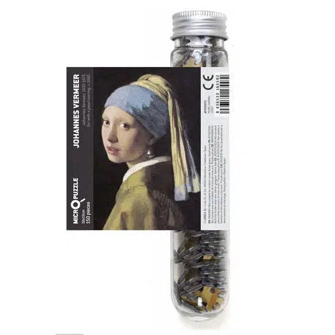 Front view of the Classic Art-Micropuzzle-The Girl With The Pearl Earring-150 Piece in test tube with sticker out showing the whole picture of the painting.