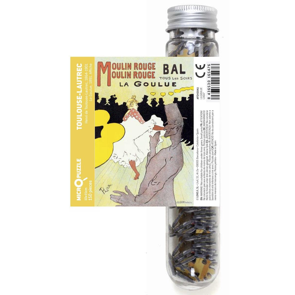 Front view of the Classic Art-Micropuzzle-La Goulue-150 Piece in its test tube with sticker label pulled out to show the entire painting.