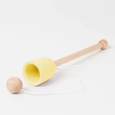 Front view of yellow Wooden Cup &amp; Ball Toy.