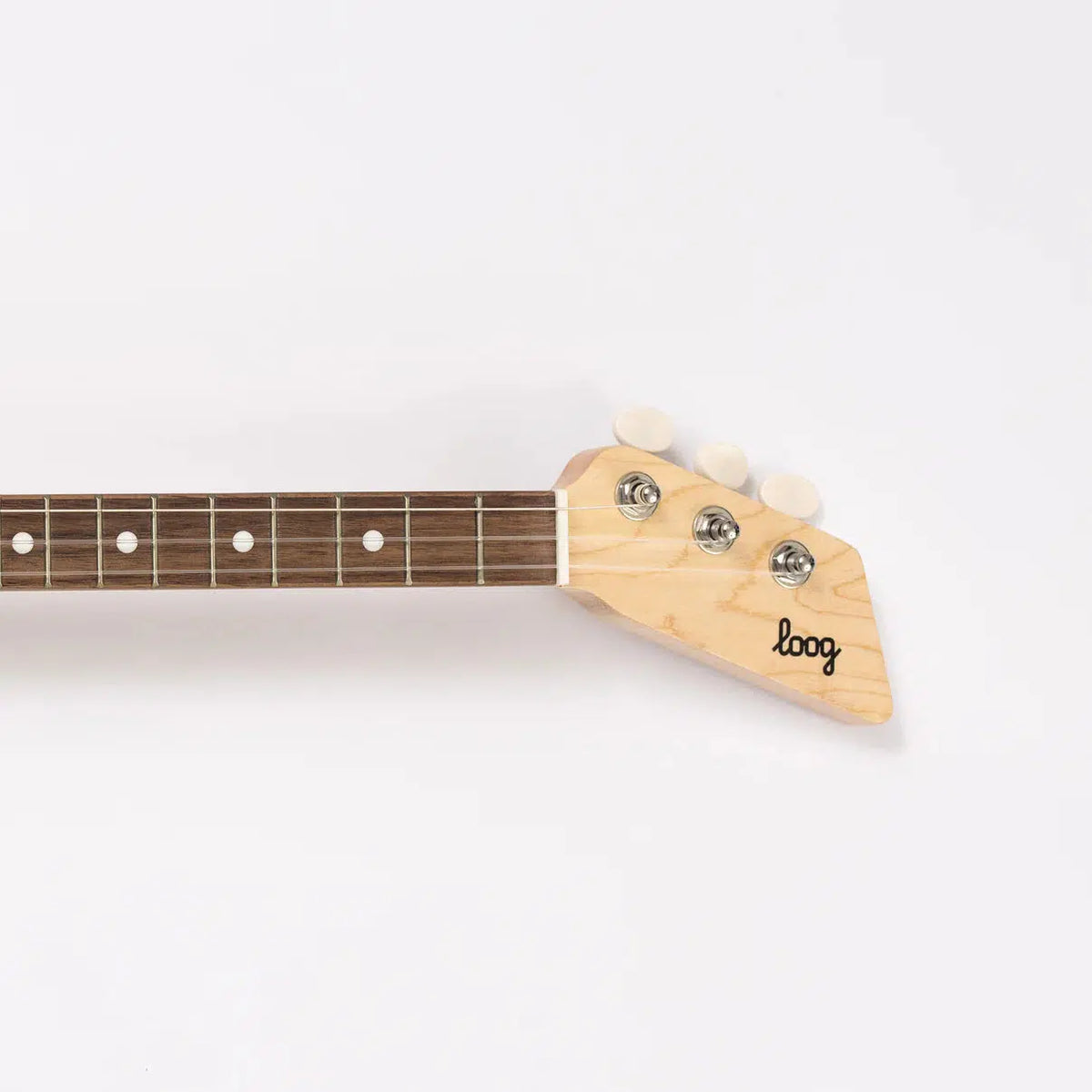 Front view of the neck of the natural guitar turned sideways against a white background.