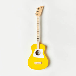 Front view of the yellow acoustic guitar against a white background.