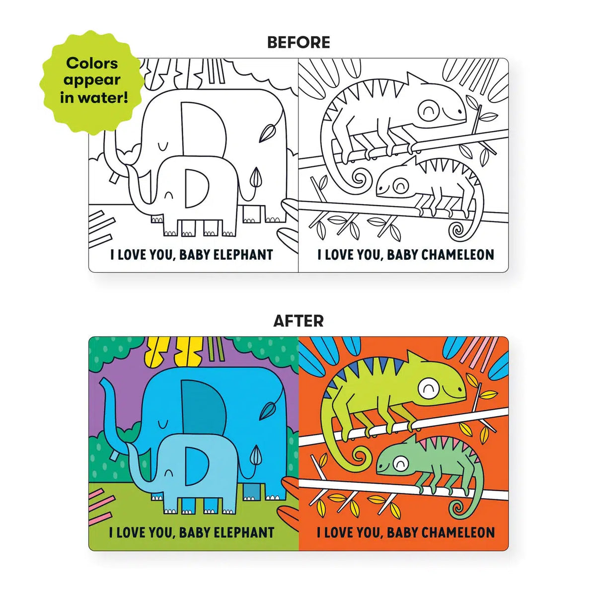 Front view of a graphic showing the before and after of using this bath book. Before, the illustrations are black and white. After, the illustrations are full of bright colors.