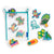 Front view of the stickable bath shapes spread out on a white background, some of the shapes are in the mesh bag.