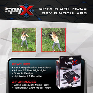 Front view of a girl using SpyX Night Nocs - Red/White Stealth Mode Binoculars (~25 ft) and rear view of box showing the binoculars.