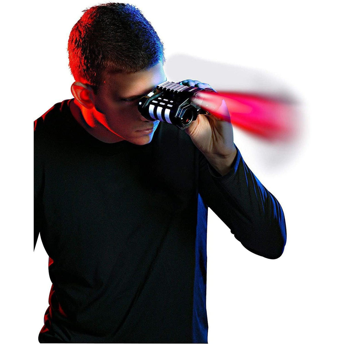Front view of a young man using the SpyX Night Nocs - Red/White Stealth Mode Binoculars (~25 ft) showing a red light.