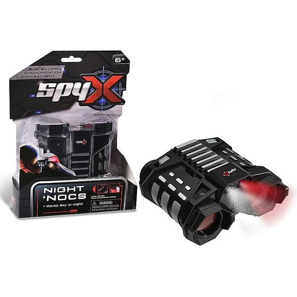 Front view of SpyX Night Nocs - Red/White Stealth Mode Binoculars (~25 ft) in the package and outside of package.