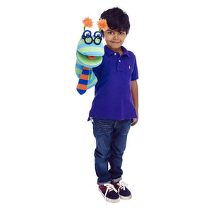 Front view of a young boy with the Dylan - Knitted Puppet - 15 Inch on his arm.
