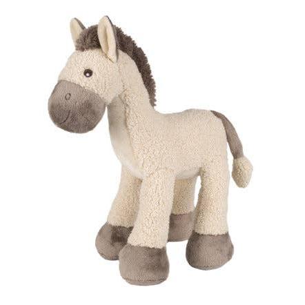 ¾ view of stuffed horse with brown muzzle, hooves, and mane.