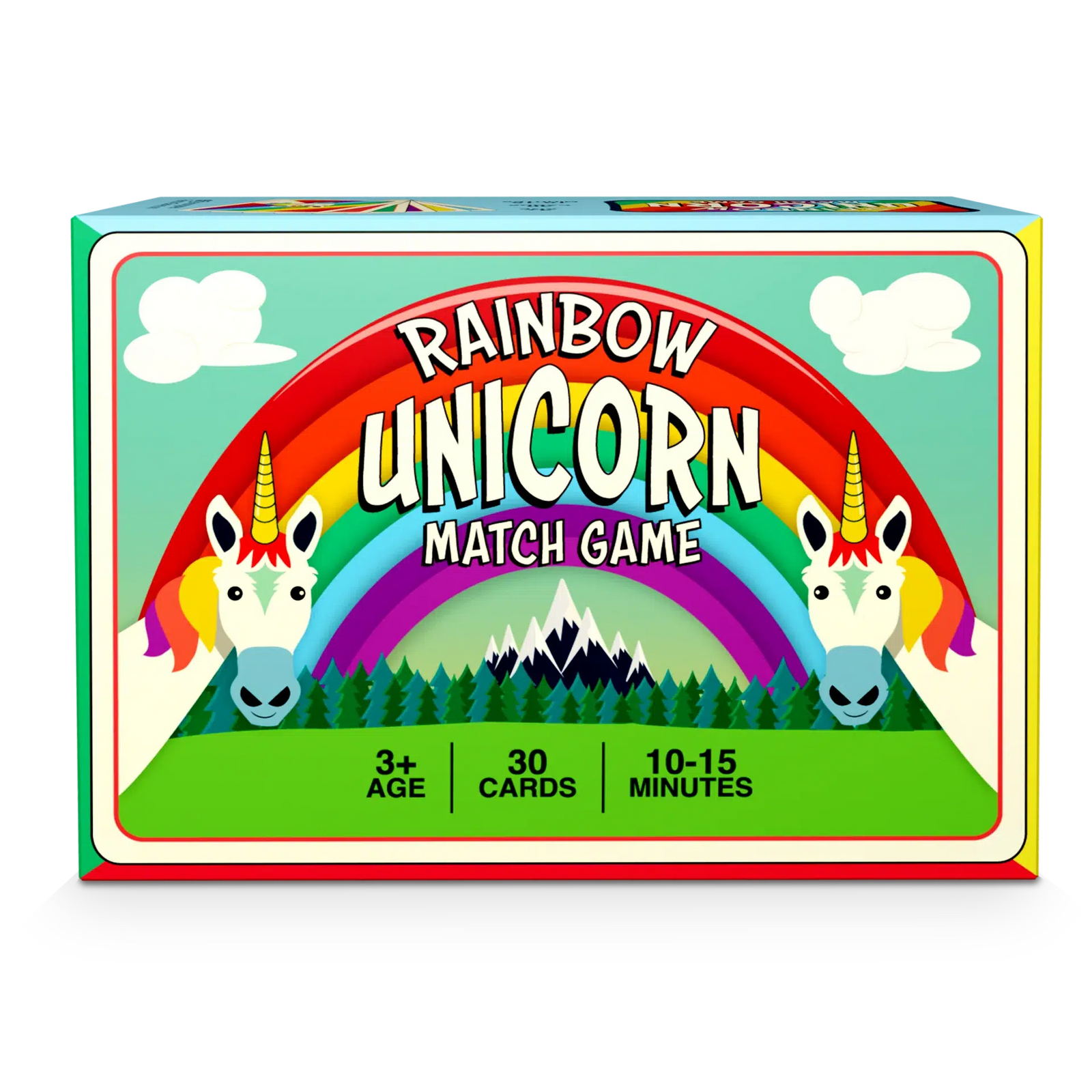 Front view of the rainbow unicorn match game in the box.