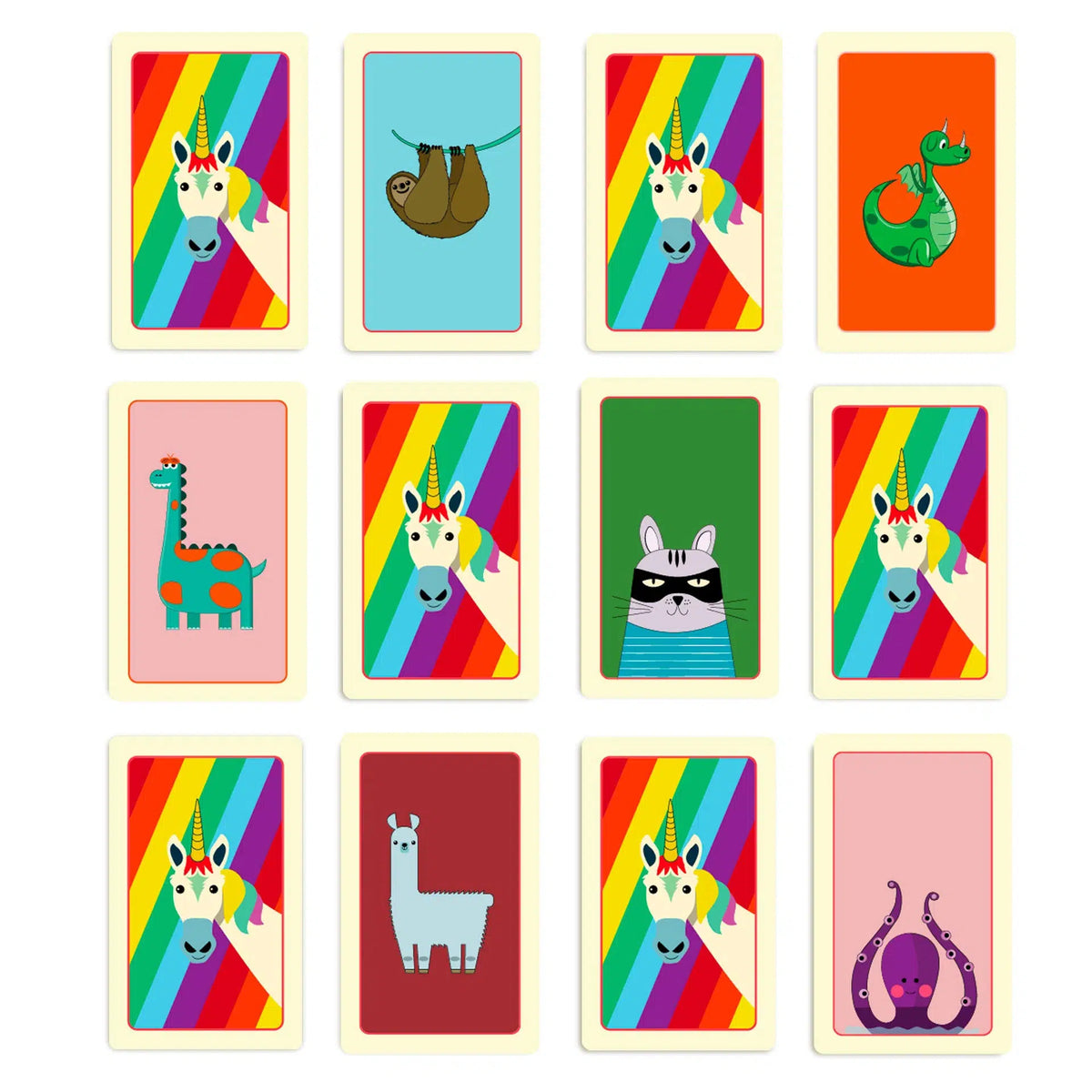 Front view of multiple cards from rainbow unicorn match game laid out in rows.